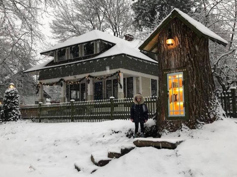 Woman Turns The 110-Year-Old Tree Stump In Her Yard Into A Magical Miniature Free Library