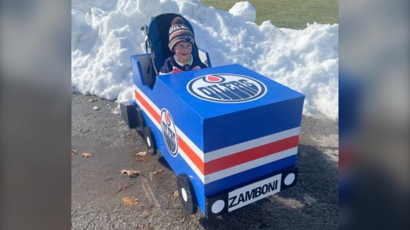 Dad builds his son an Oilers Zamboni over his wheelchair for Halloween
