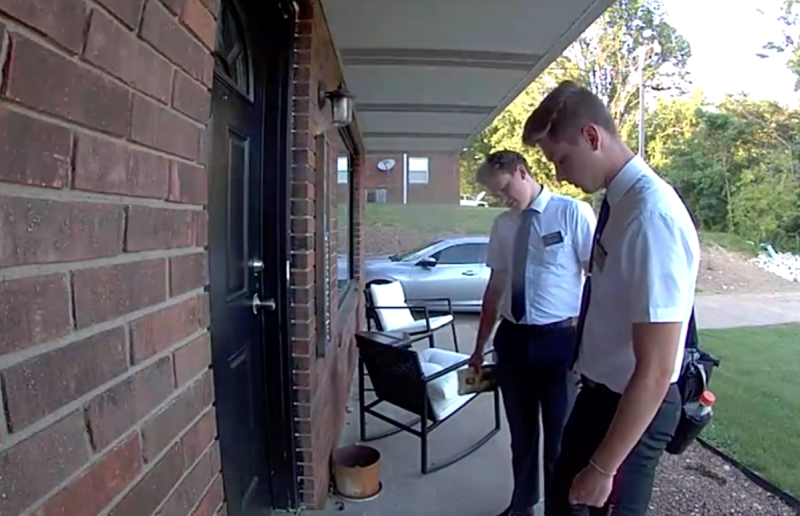 Mormon missionaries caught on video running away from a very gay doormat - LGBTQ Nation