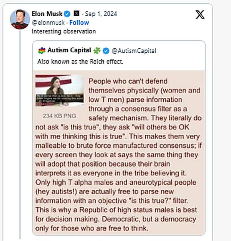 Elon Musk Retweets Call For "A Republic Of High Status Males"