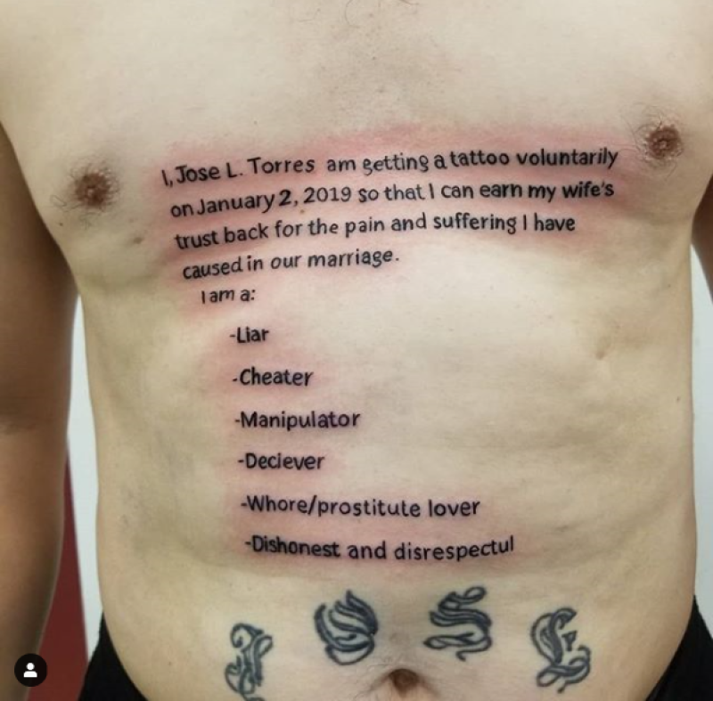 Husband Literally Brands Himself as a Cheater for Life With Massive 'Apology' Tattoo