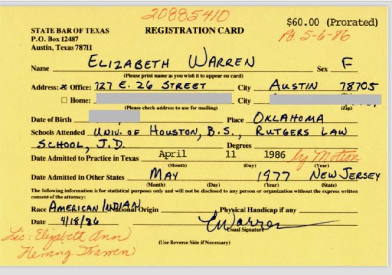  Elizabeth Warren Claimed On Her State Bar Of Texas Application Her Race Was ‘American Indian’