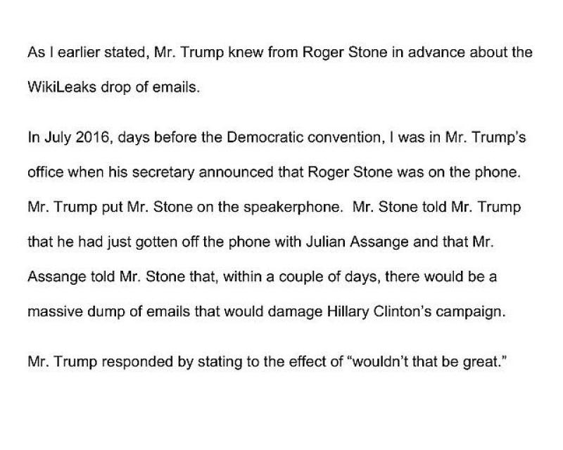 Michael Cohen's bombshell opening statement to Congress accuses Trump of knowing in advance that wikileaks was going to release clinton emails