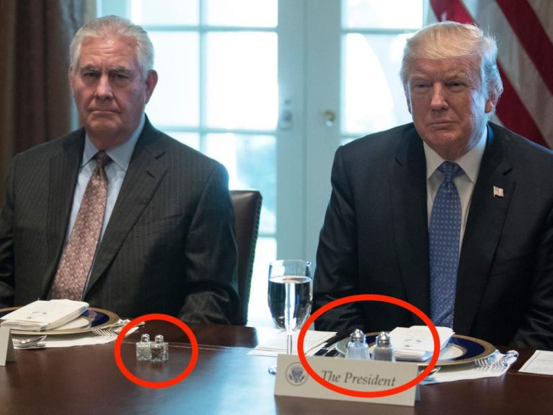 Trump's salt and pepper shakers tower over everyone else's. Obama, Bush, and Clinton used the same size shakers as their guests.