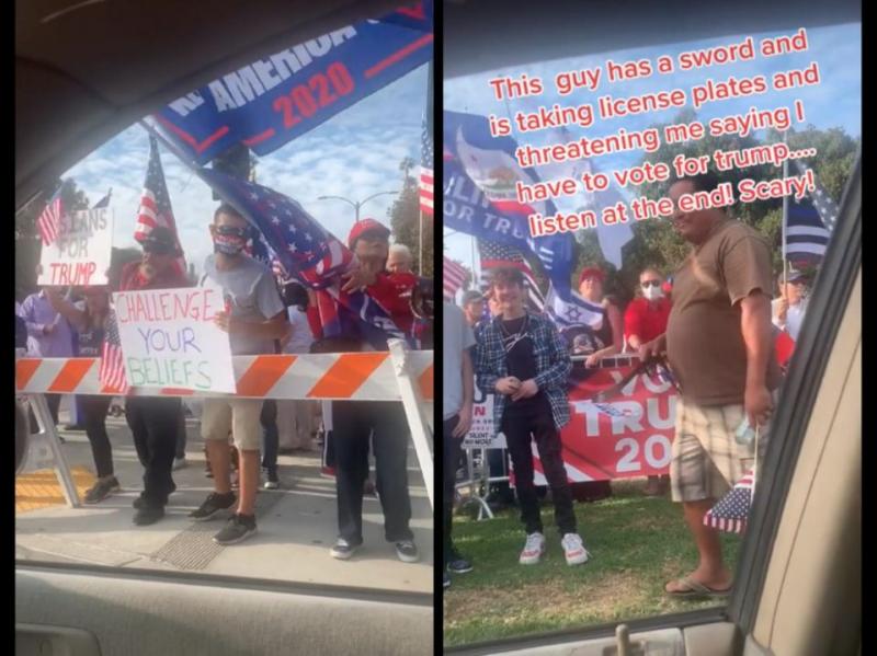 A man waved a sword at a woman blocks away from a polling place, warning her to 'vote for Trump' and photographing her license plate