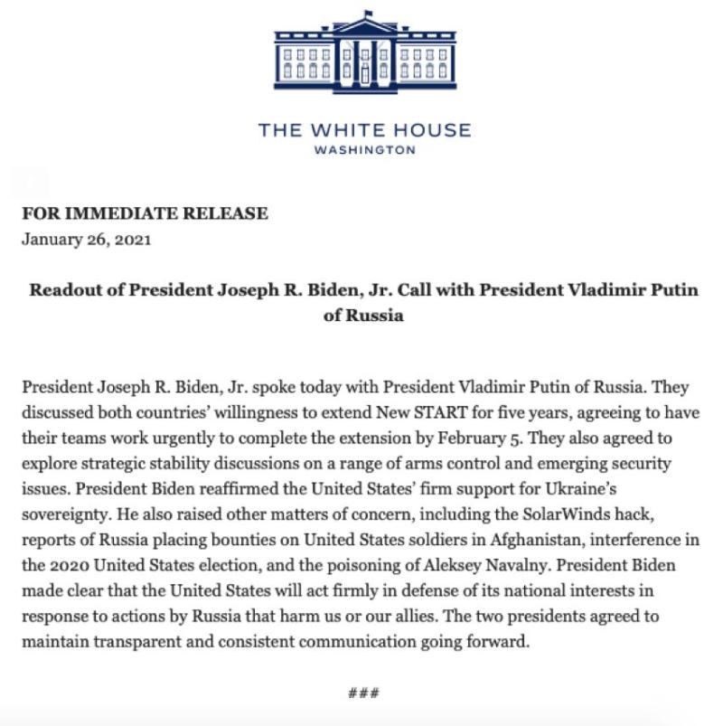 Readout Of President Biden Telephone Call With Putin