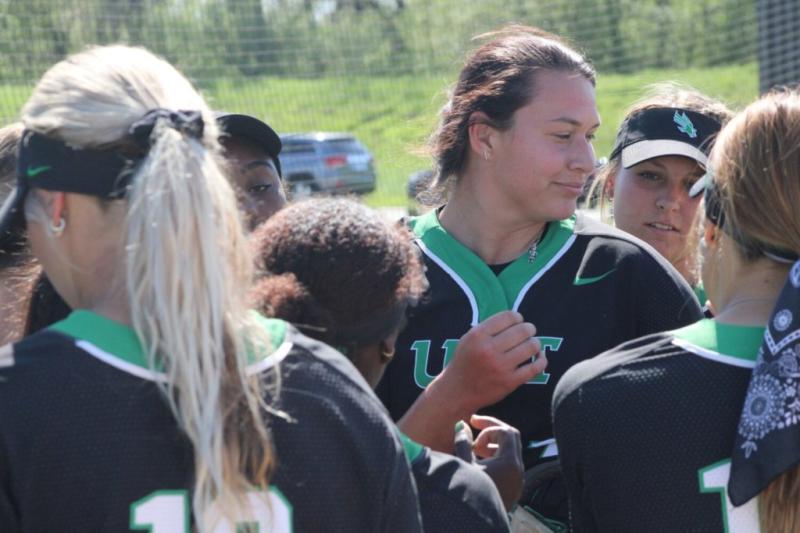 North Texas pitcher Hope Trautwein strikes out every batter she faces in seven innings of a win over Arkansas State Pine Bluff.