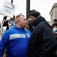 Wisconsin Gov. Tony Evers made a plea for peace as protesters gathered outside the Kenosha County Courthouse