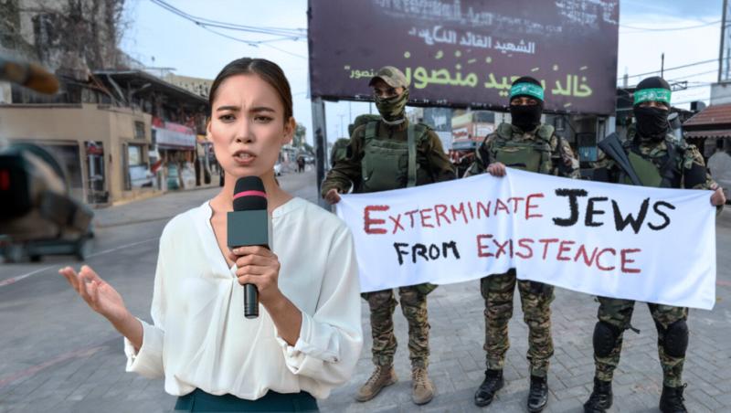 'We May Never Know Exactly What Hamas Wants,' Says Reporter In Front Of Hamas Holding 'Exterminate Jews From Existence' Banner