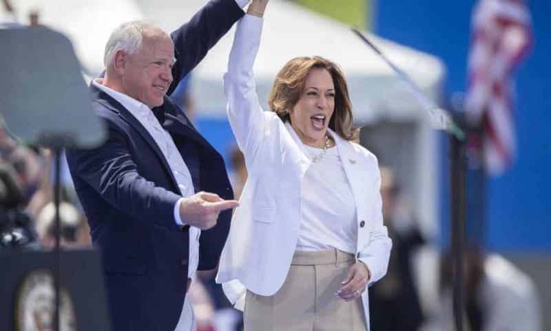 New poll shows Harris four points ahead of Trump in three key swing states | US elections 2024 | The Guardian