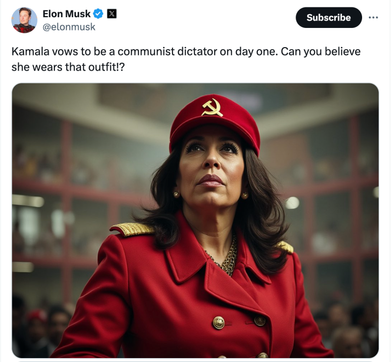 Elon Musk posts AI image of Harris as communist dictator - and X users respond by playing him at his own game | The Independent