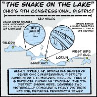 Infographic about the west side's congressional district, OH-9: the “snake on the lake”