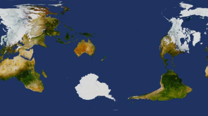 World map with New Zealand in the center