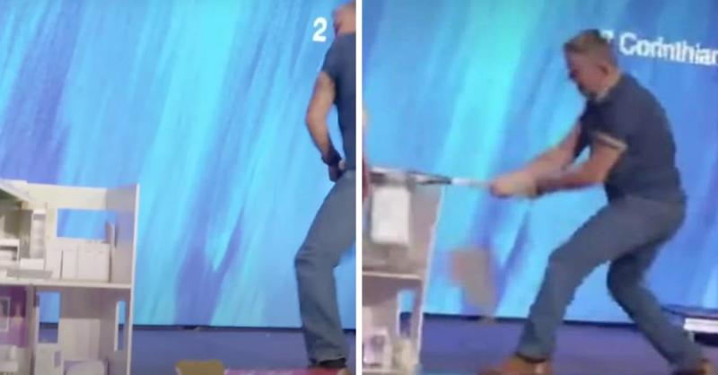 Pastor Greg Locke Bashes Dollhouse To Pieces With A Bible Taped To A Baseball Bat