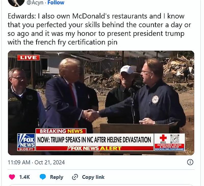 Ignoramus GOP NC Senator Gives Trump French Fry Award At Site Of Hurricane Devastation